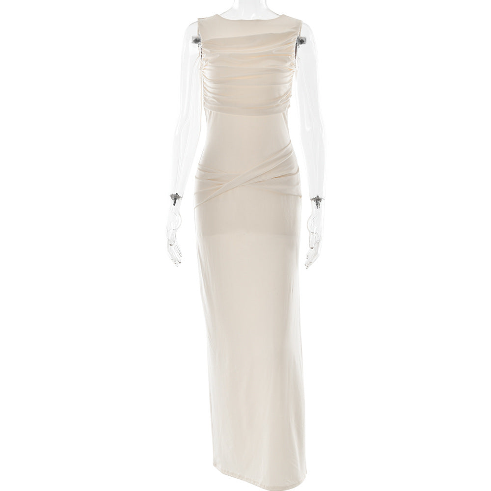 Boat Neck Ruched Bodice Twisted Drape Column Maxi Gown
