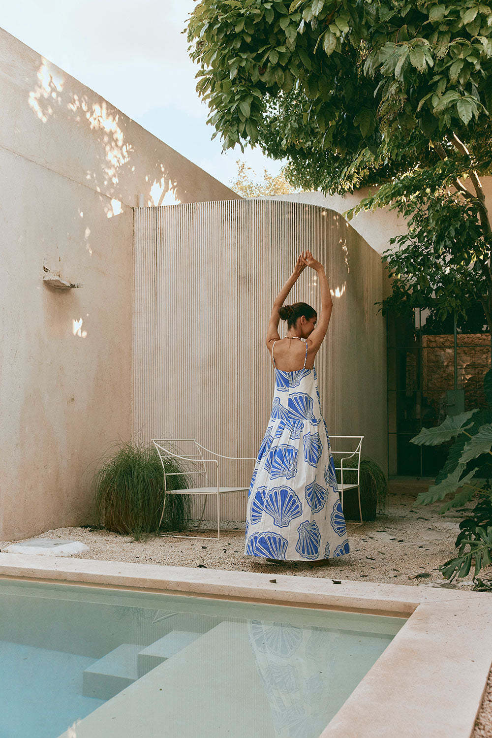 Square Neck Spaghetti Strap Scallop Shell Print Maxi Dress