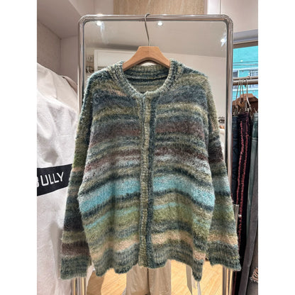 Oversized Fuzzy Striped Button-Up Cardigan