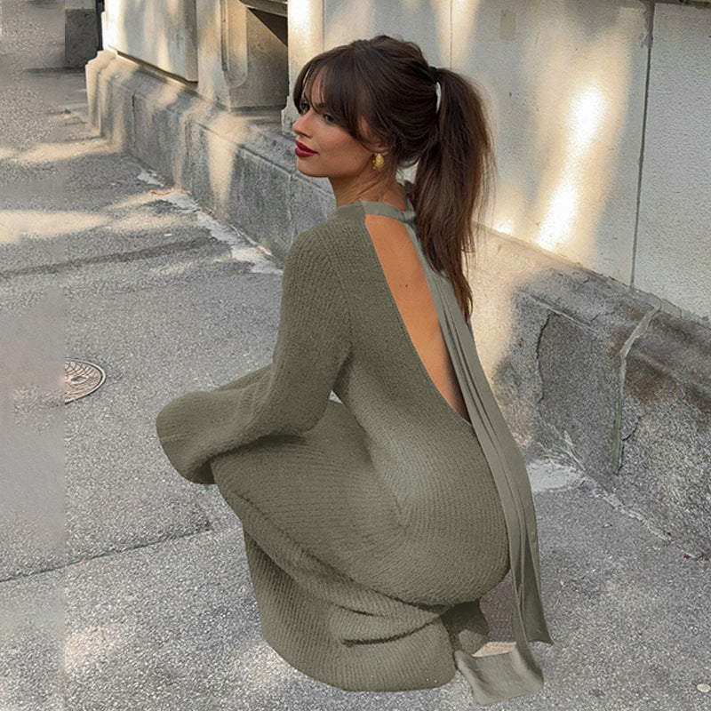 Rib Knit Long Sleeve Tie Back Open Back Bodycon Mini Dress