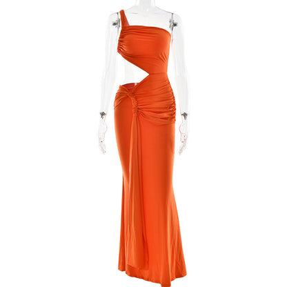 One Shoulder Diagonal Ruching Side Cutout Cascading Sash Maxi Dress
