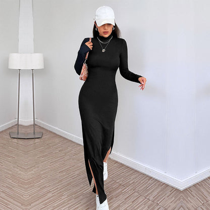 Mock Neck Chain Back Open Back High Slit Bodycon Maxi Dress