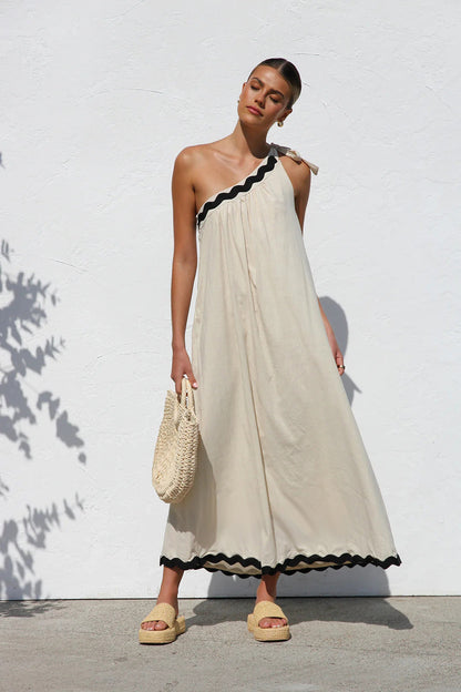 One Shoulder Ric Rac Trim Tie Shoulder Maxi Dress