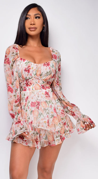 Sweetheart Twisted Bust Balloon Sleeve Wrap Waist Tiered Ruffle Mini Dress
