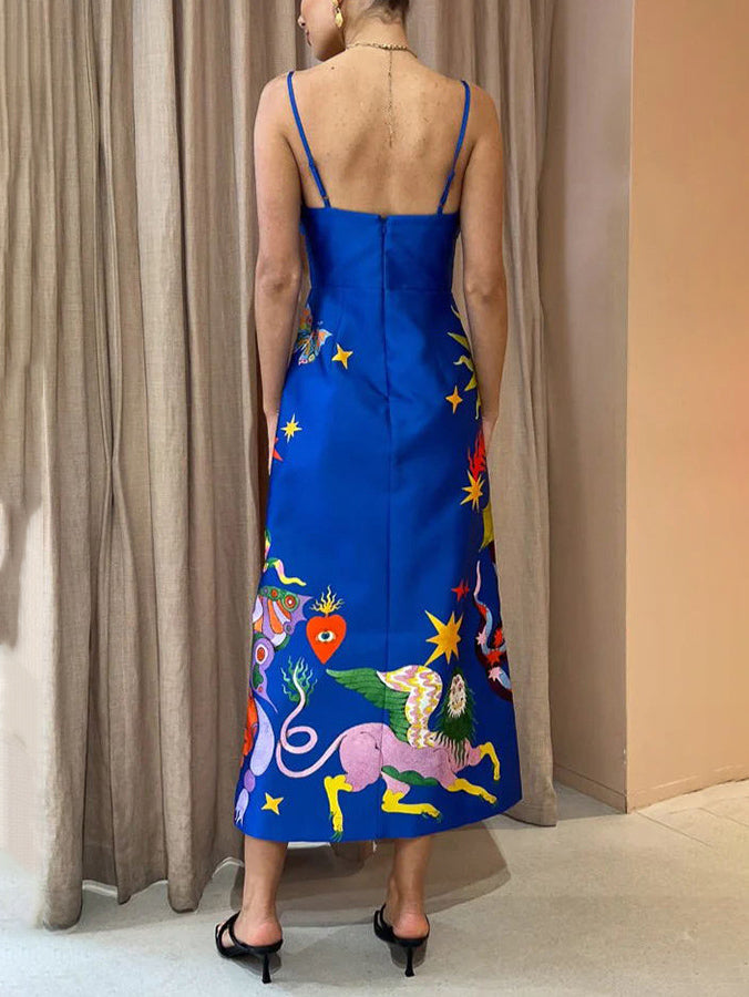 Sweetheart Neck Cutout Celestial Illustration Print Slip Maxi Dress