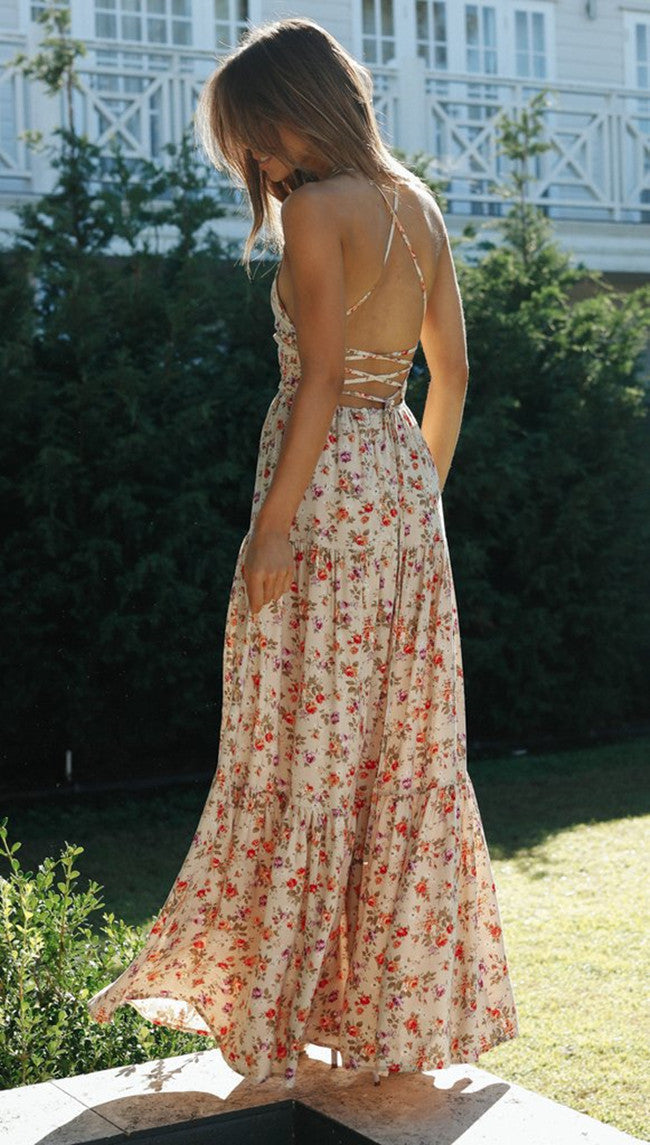 Spaghetti Strap Tiered Ruffle Ditsy Floral Maxi Dress
