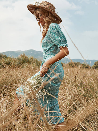 Deep V Puff Sleeve Lettuce Edge Side Button Ditsy Floral Wrap Midi Dress