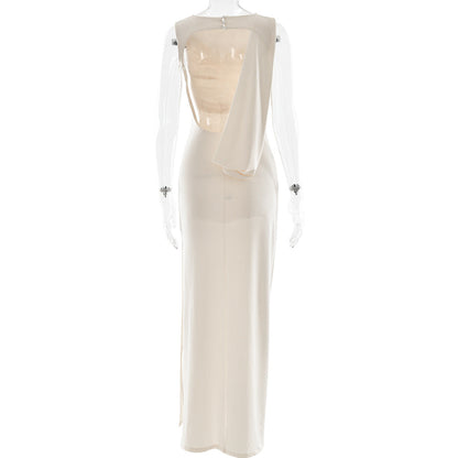 Boat Neck Ruched Bodice Twisted Drape Column Maxi Gown