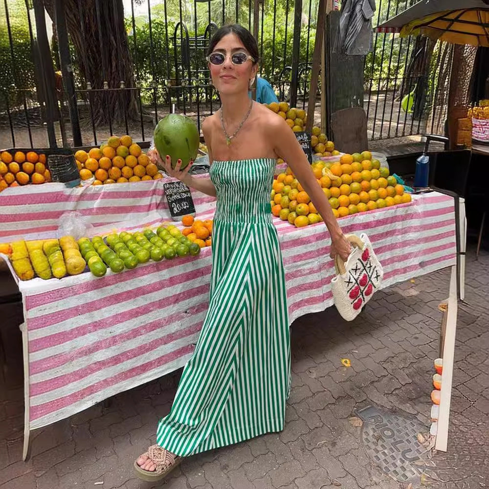 Strapless Shirred Striped Flowy Maxi Dress