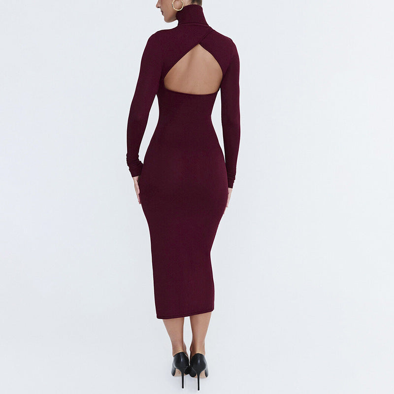 Mock Neck Shoulder Cutout Side Slit Rib Knit Midi Dress
