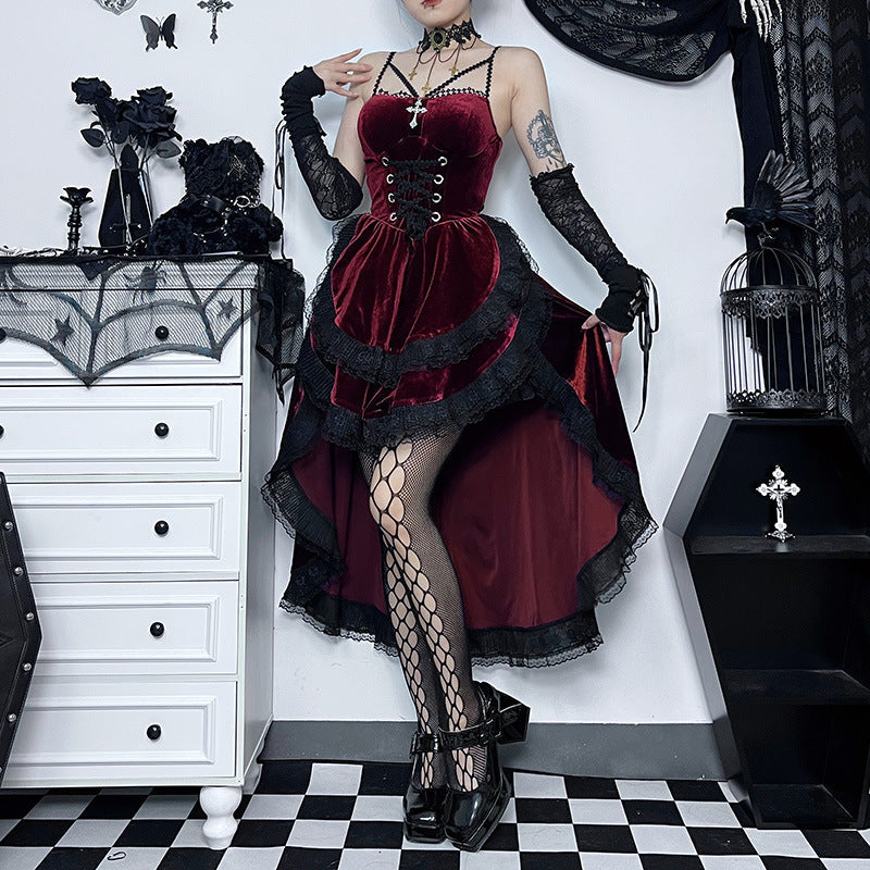Lace Up Corset Cross Strap Velvet Lace Trim Hi-Lo Ruffle Dress