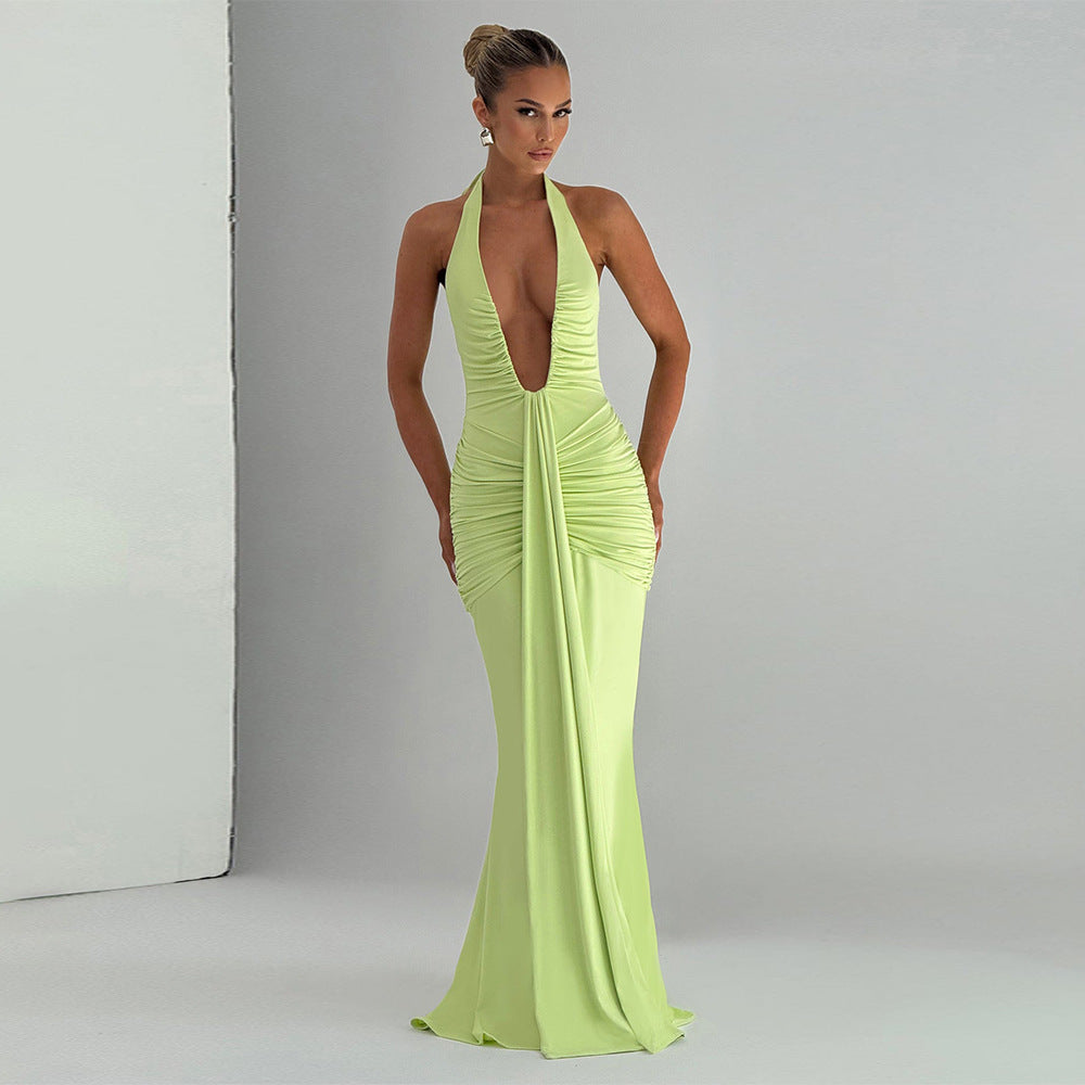 Halter Deep Plunge Ruched Column Maxi Dress