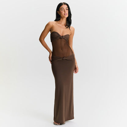 Strapless Twist Knot Bandeau Sheer Mesh Midriff Panel Bodycon Maxi Dress