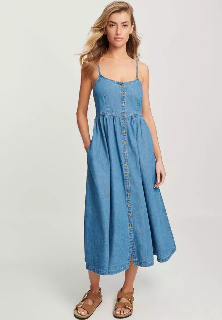 Spaghetti Strap Button Front Gathered Waist Denim Midi Dress