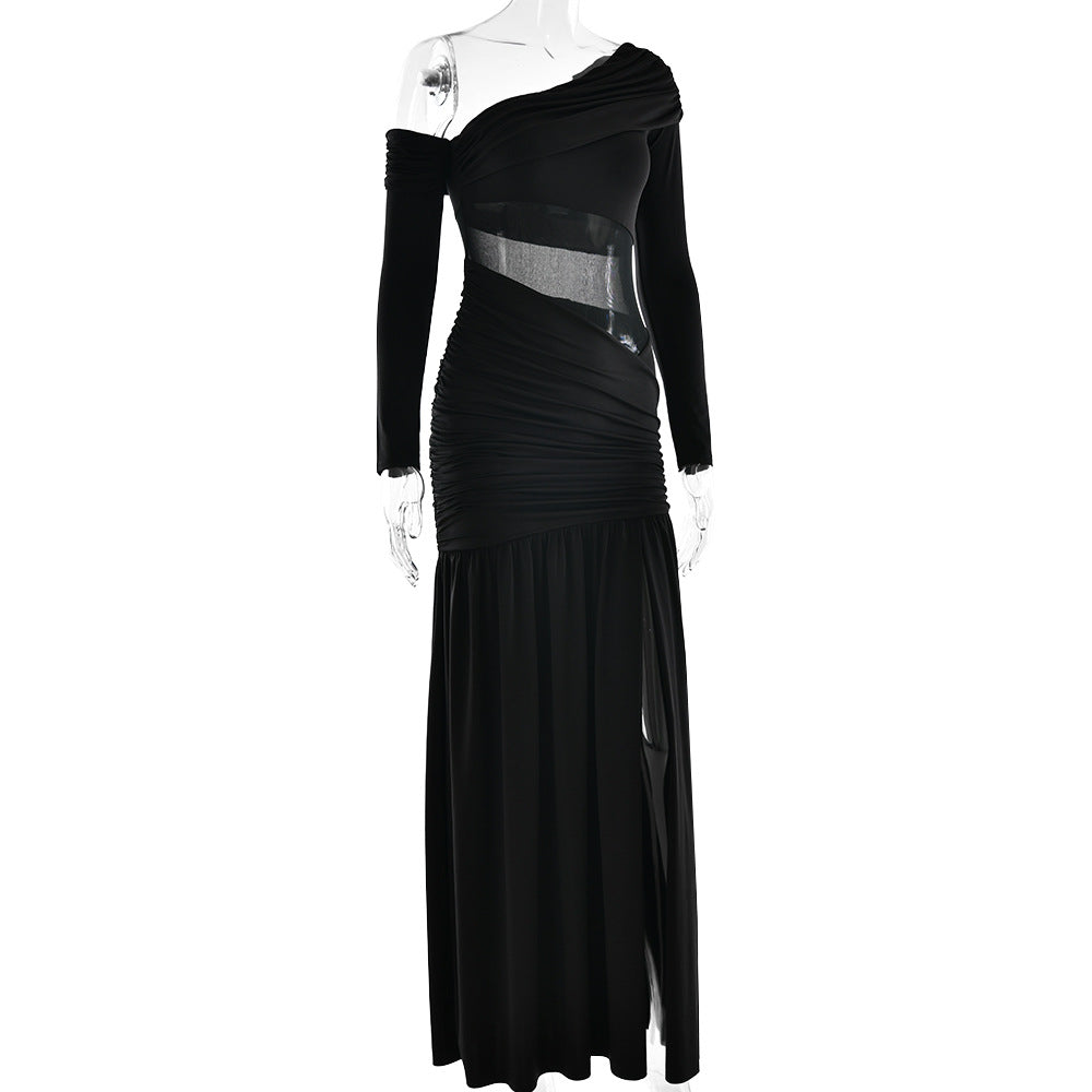 One Shoulder Asymmetric Ruching Mesh Midriff High Slit Maxi Gown