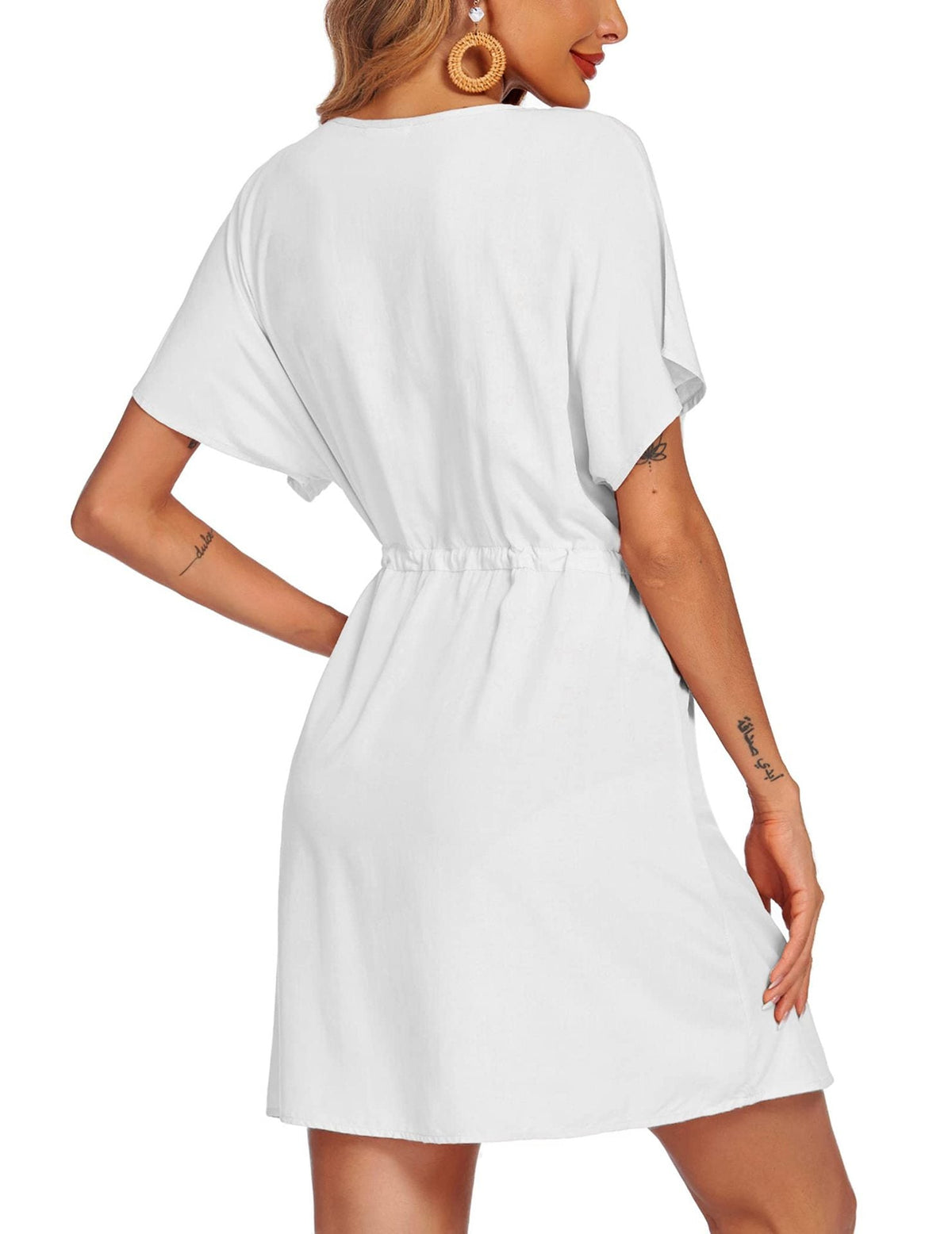 Deep V Drawstring Waist Flutter Sleeve Beach Cover Mini Dress