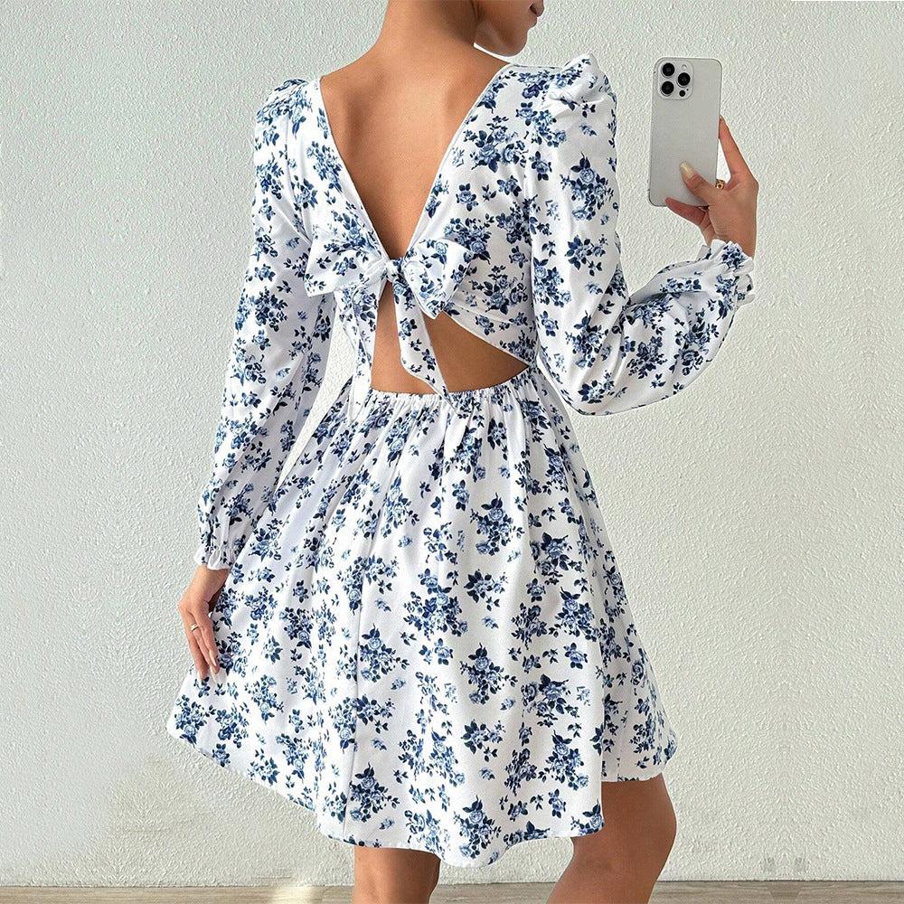 Square Neck Puff Sleeve Ruffle Cuff Floral Print Fit Flare Mini Dress