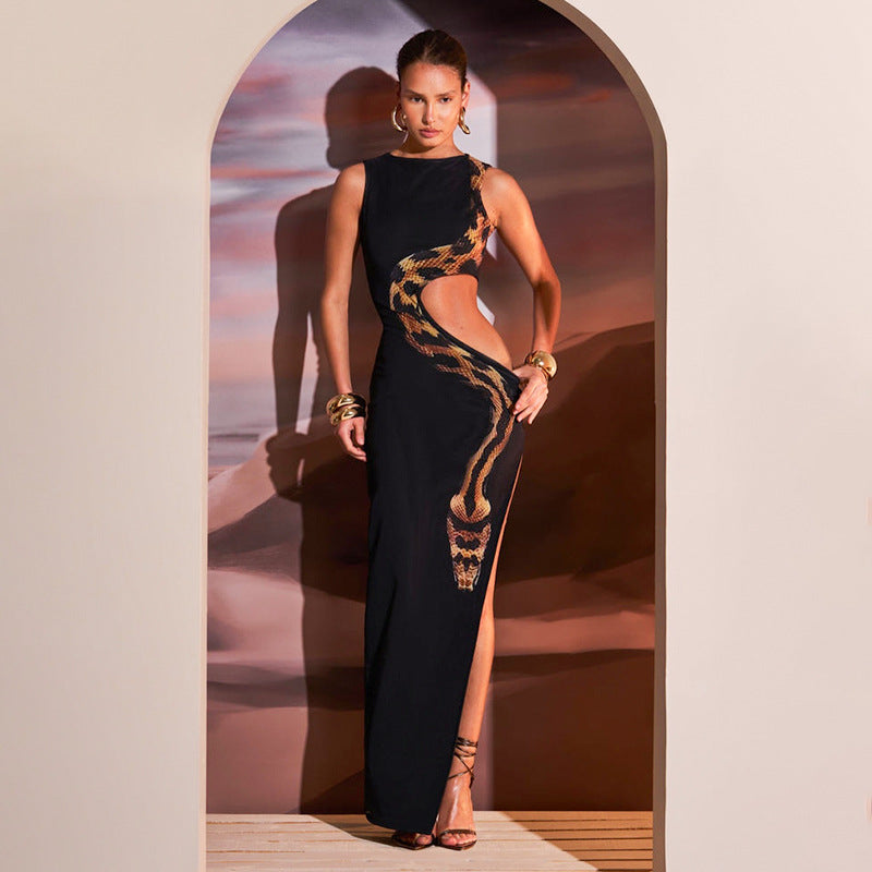 Crew Neck Snake Print Side Cutout High Slit Maxi Dress