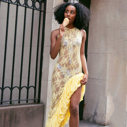 High Neck Sleeveless Sheer Floral Lace Ruffle Flounce High Slit Maxi Dress