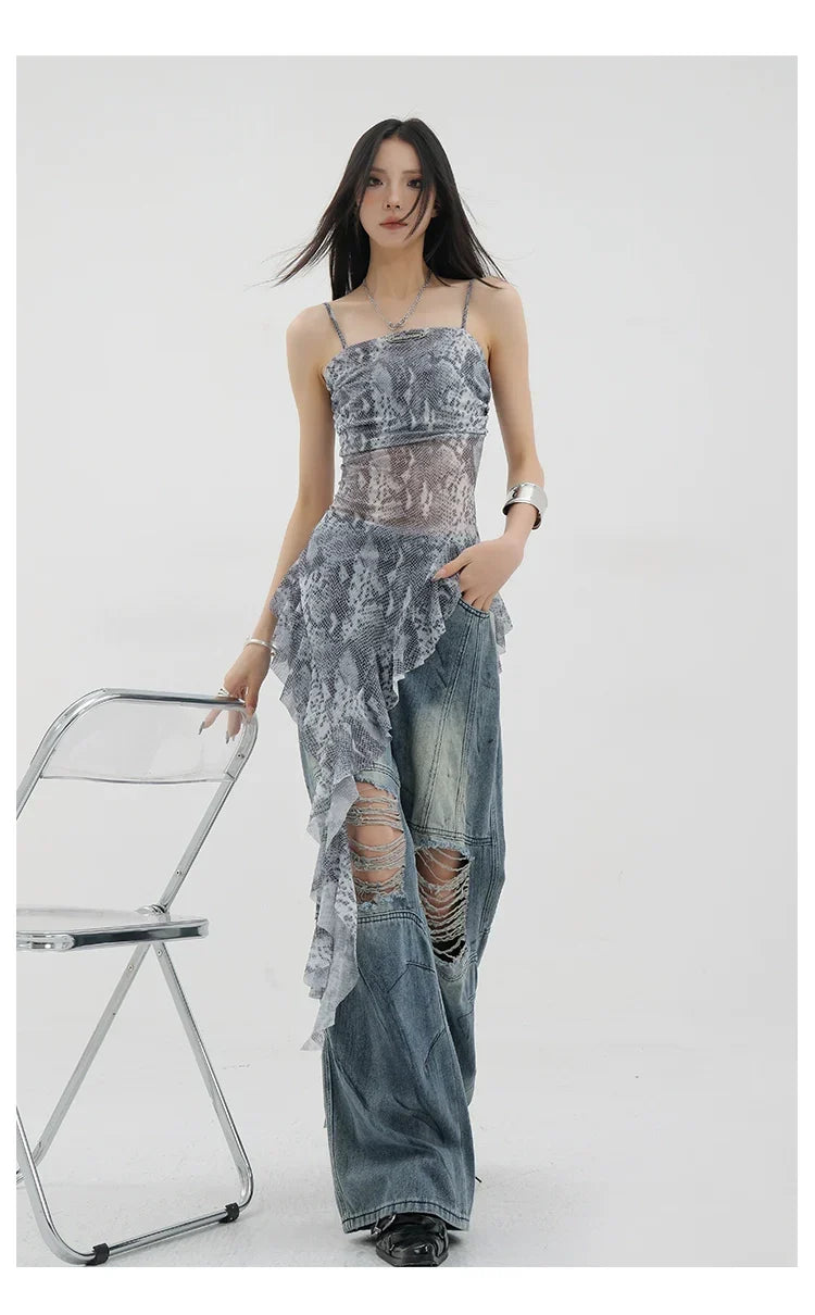 Black Asymmetric Ribbon Strap Tank Top With Ruffle Edge Design