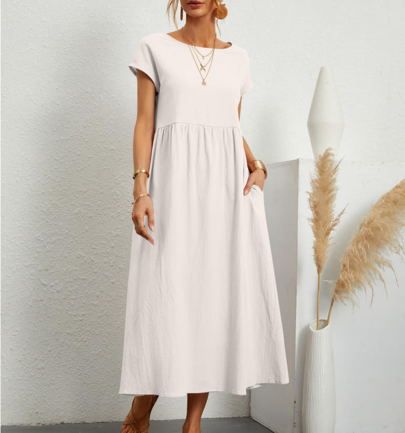 Round Neck Cap Sleeve Empire Waist Pocket Babydoll Maxi Dress