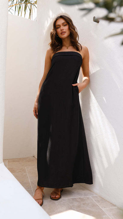 Strapless Foldover Neck Column Satin Maxi Dress