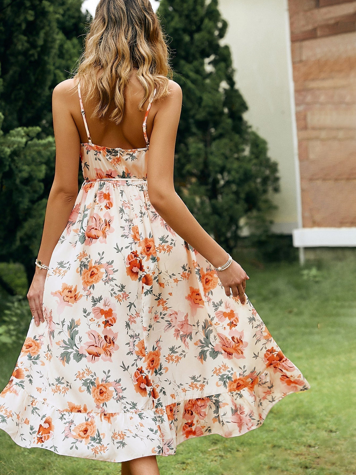 Spaghetti Strap Ruched Bust Drawstring Empire Waist Tiered Ruffle Floral Midi Dress