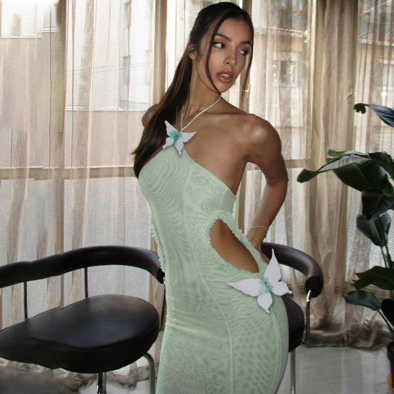 Butterfly Applique Halter Neck Mesh Side Cutout Mermaid Maxi Dress