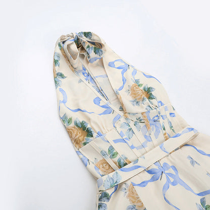 Halter Corset Ribbon Print Belted A-Line Midi Dress
