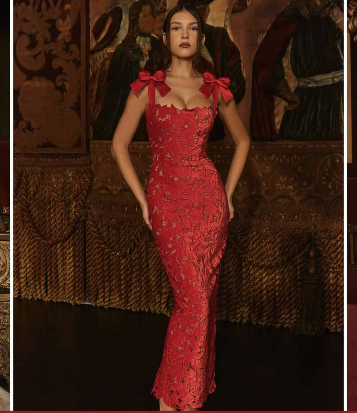 Tie Shoulder Floral Lace Overlay Column Maxi Dress