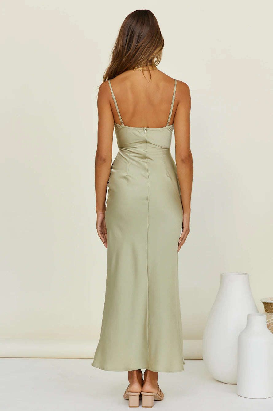 Cowl Neck Spaghetti Strap Criss Cross Waist Cutout Satin Maxi Dress