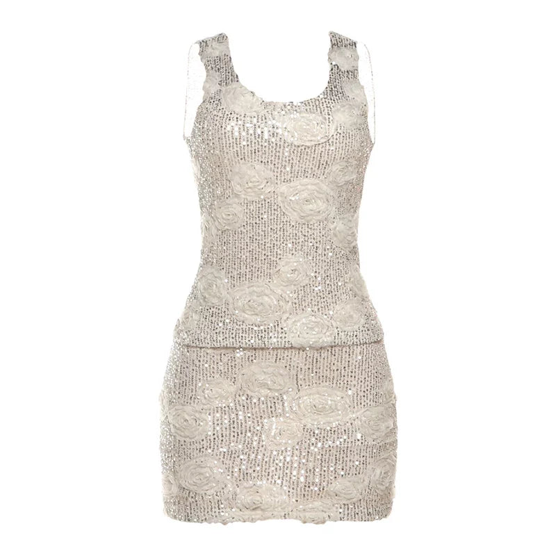 3D Flower Sequin Skirt Set