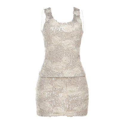 3D Flower Sequin Skirt Set