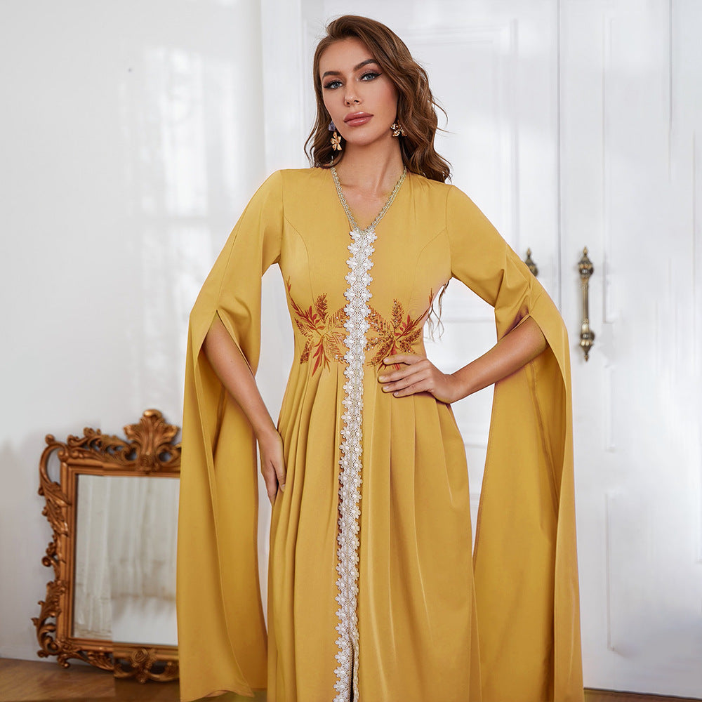 Cape Sleeve Lace Trim Floral Embroidery V Neck Maxi Gown