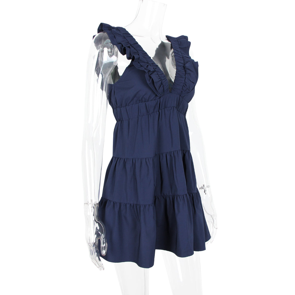 Deep V Ruffle Shoulder Shirred Waist Tiered Mini Dress