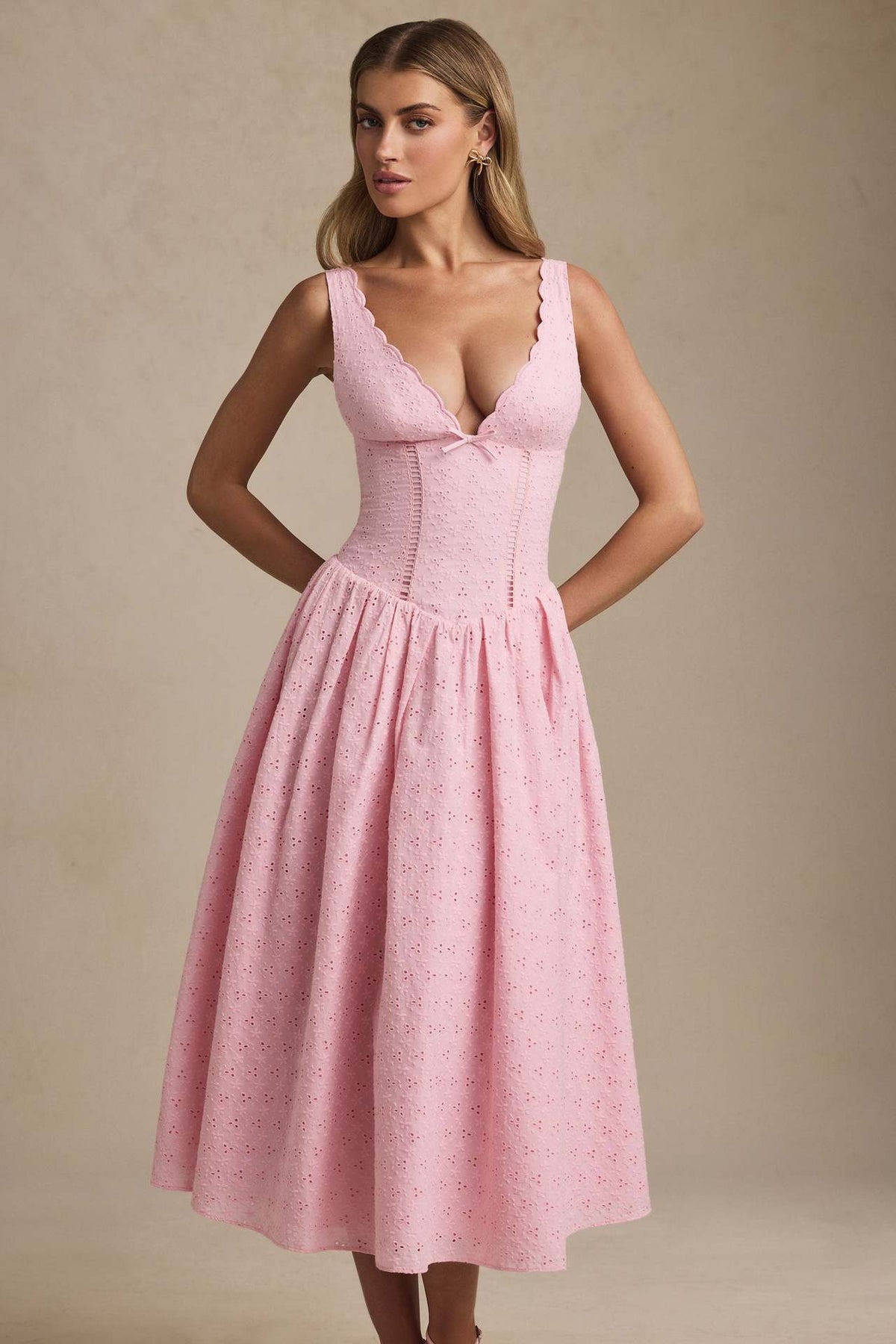 Eyelet Lace Deep V Bow Front Corset Bodice Full Skirt Midi Dress