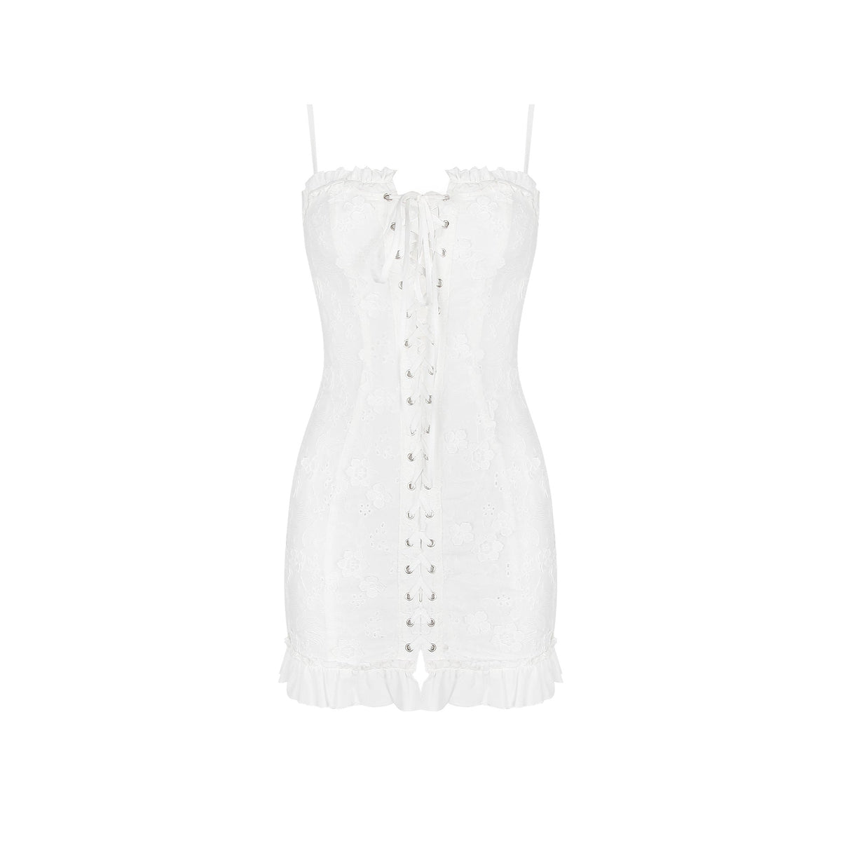 Lace Up Corset Front Floral Embroidered Ruffle Hem Mini Dress