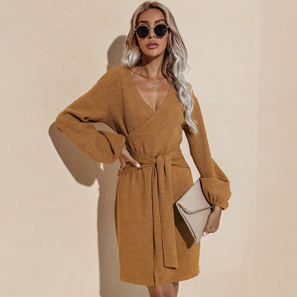 V Neck Wrap Front Lantern Sleeve Knit Mini Dress With Self Tie Belt