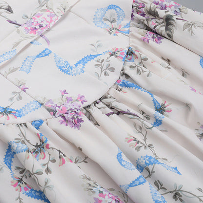 Square Neck Corset Ribbon Floral Gathered A-Line Midi Dress