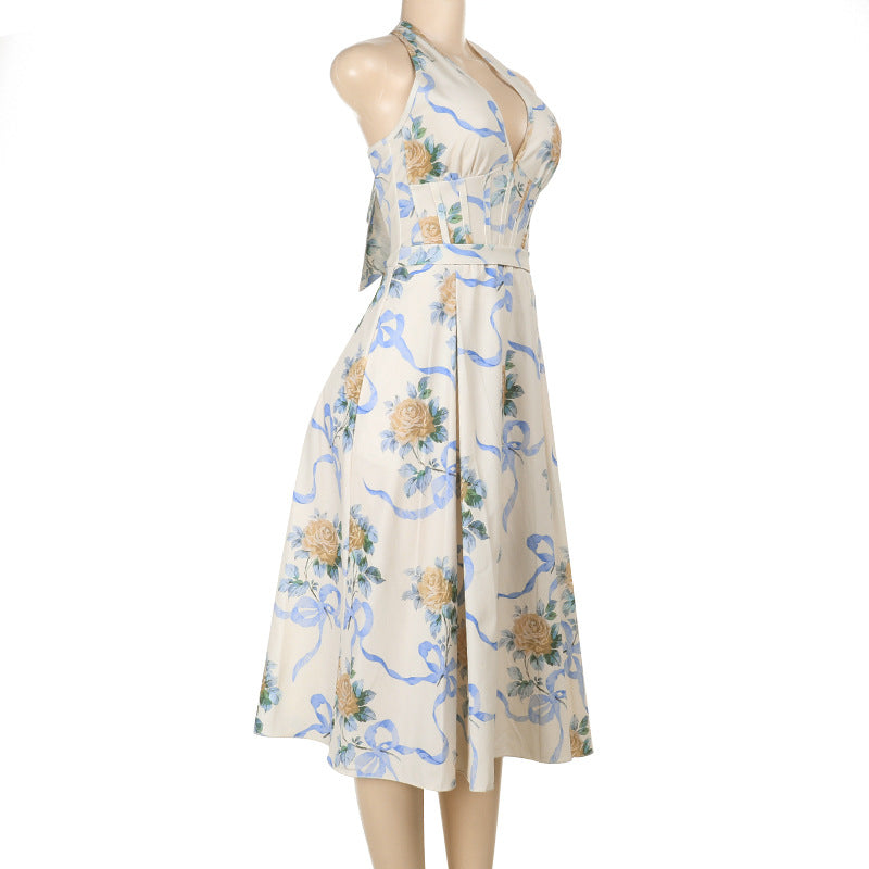 Halter Corset Ribbon Print Belted A-Line Midi Dress