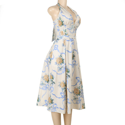 Halter Corset Ribbon Print Belted A-Line Midi Dress