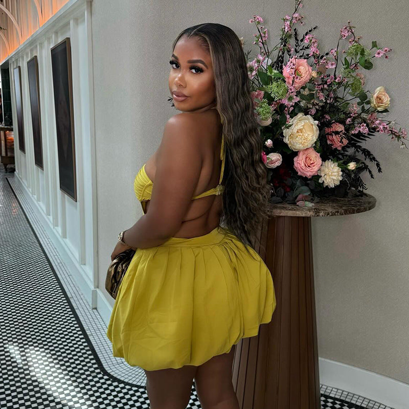 Halter Neck Side Cutout Pleated Bubble Skirt Mini Dress