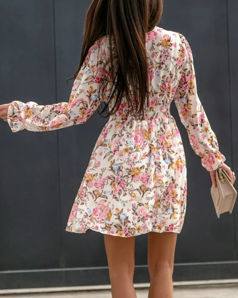 Deep V Neck Bishop Sleeve Button Front Smocked Waist Floral Mini Dress
