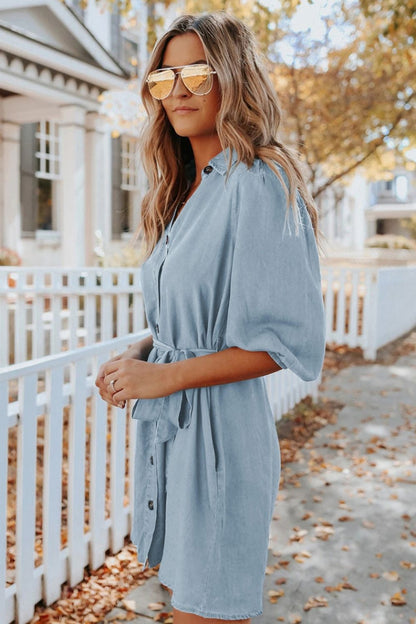 Collared V Neck Button Front Tie Waist Chambray Shirt Dress