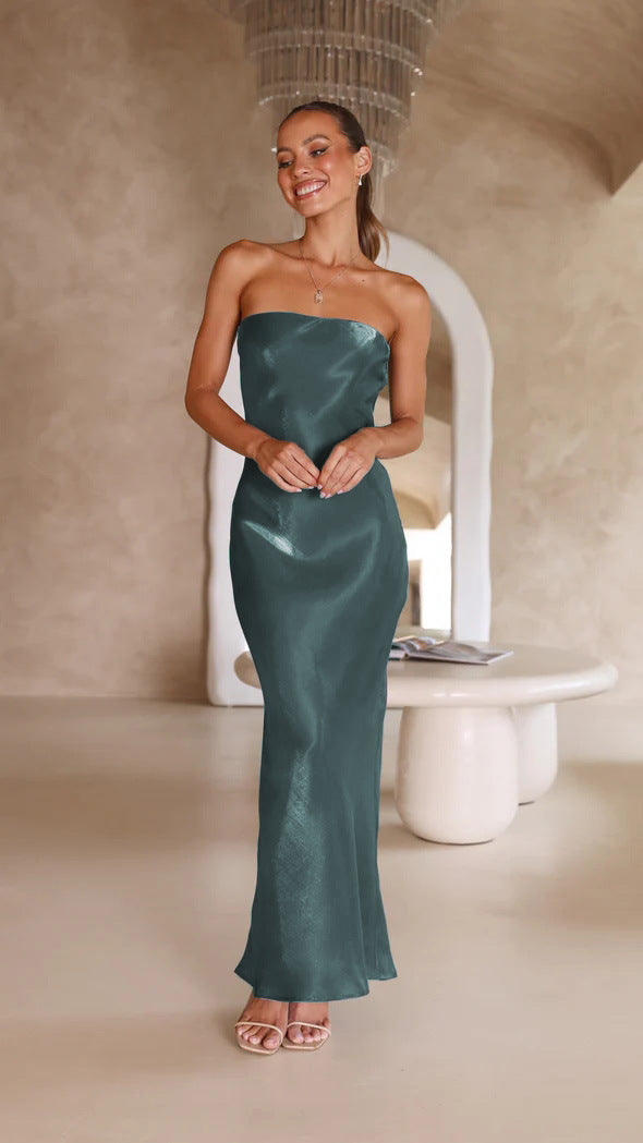 Strapless Bandeau Satin Column Slip Maxi Dress