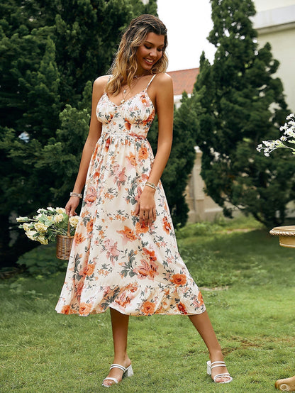 Spaghetti Strap Ruched Bust Drawstring Empire Waist Tiered Ruffle Floral Midi Dress