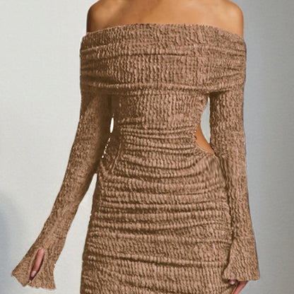 Off Shoulder Smocked Texture Bell Cuff Side Cutout Mini Dress