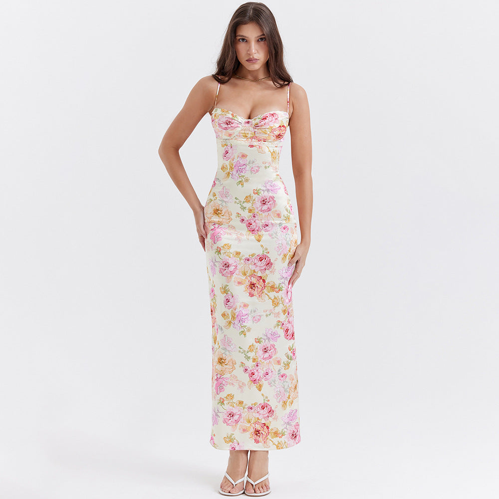 Sweetheart Bustier Spaghetti Strap Floral Print Bodycon Maxi Dress