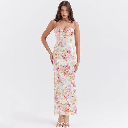 Sweetheart Bustier Spaghetti Strap Floral Print Bodycon Maxi Dress