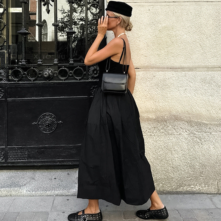 Scoop Spaghetti Strap Drop Waist Pleated Poplin Skirt Maxi Dress